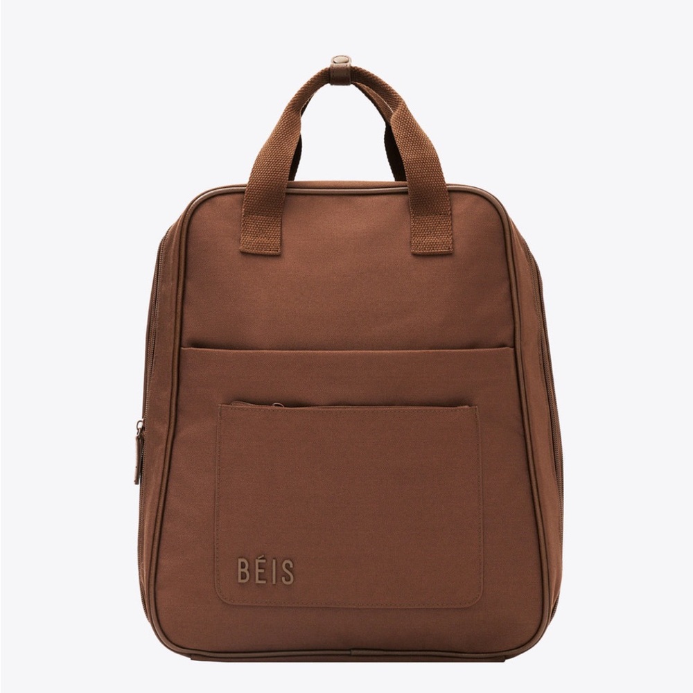 Beis expandable backpack in Maple, has tags, in packing.